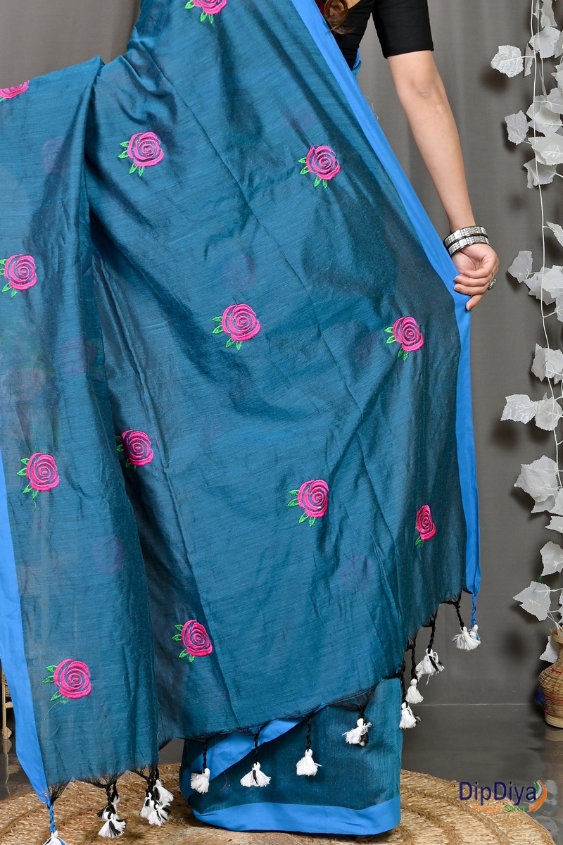 Cobalt Blue Pure Cotton Parag Embroidery Handloom saree (213)